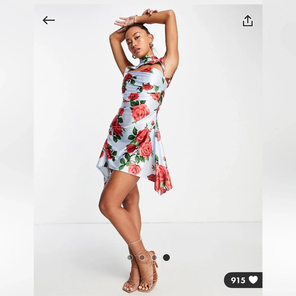 NWT! Size 14 mandarin style collar satin floral print dress. Light blue w roses - Picture 4 of 4